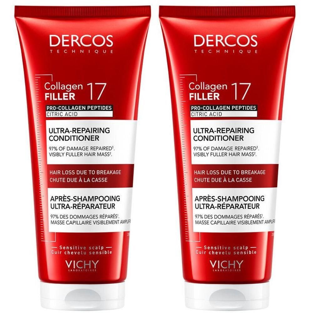 Deux tubes rouges. Inscription: Dercos, Collagen 17 Filler, Ultra-Repairing Conditioner.