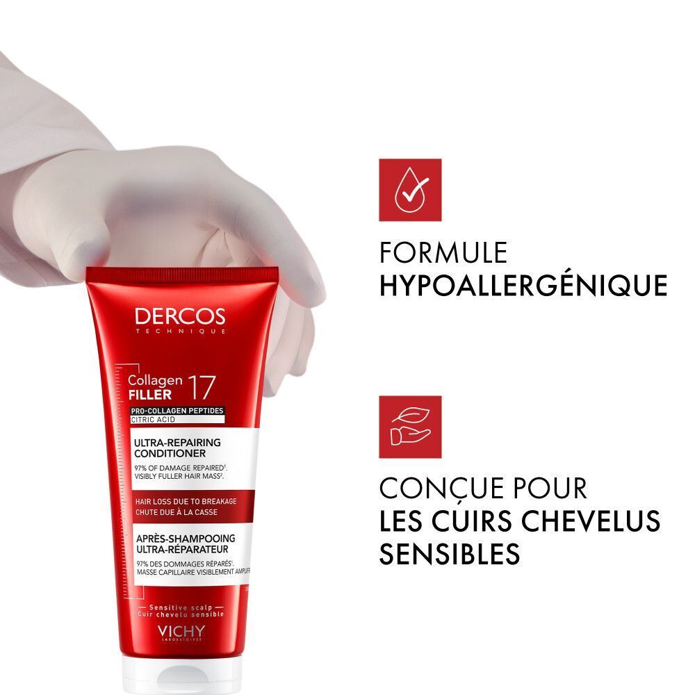 Tube rouge. Texte: Dercos, Collagen 17 Filler, Ultra-Repairing Conditioner. Formule hypoallergénique.