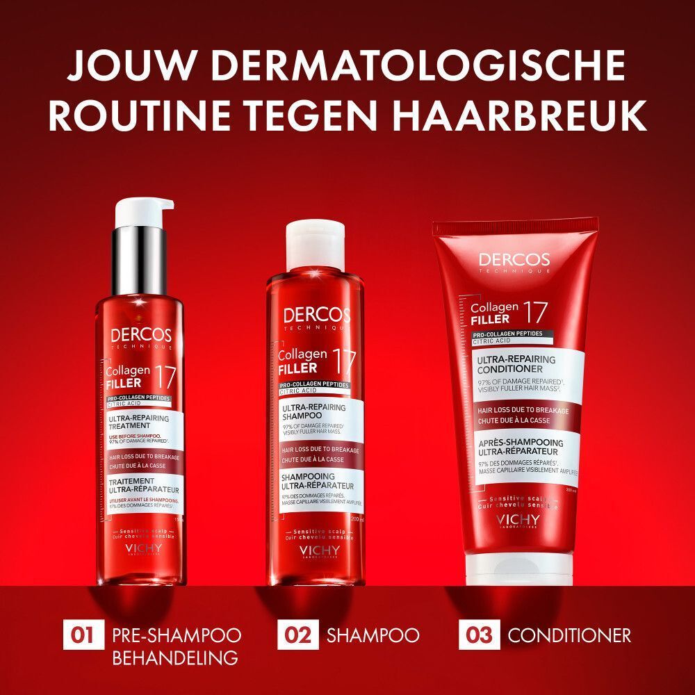 Drie producten. Tekst: Jouw dermatologische routine tegen haarbreuk. Pre-Shampoo, Shampoo, Conditioner.