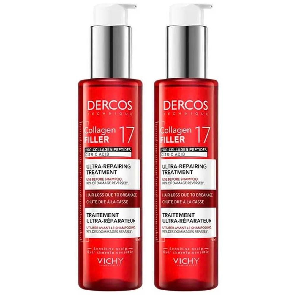 Twee flessen Vichy Dercos Collagen 17 Filler. Rode flessen met zilveren pompkop. Tekst: Ultra-herstellende behandeling, tegen haaruitval.