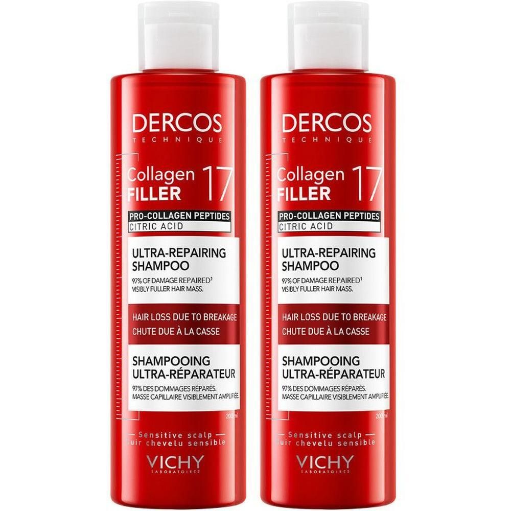 Twee shampoo flessen. Rode flessen met witte dop. Tekst: Dercos, Collagen 17 Filler, Ultra-Reparateur.