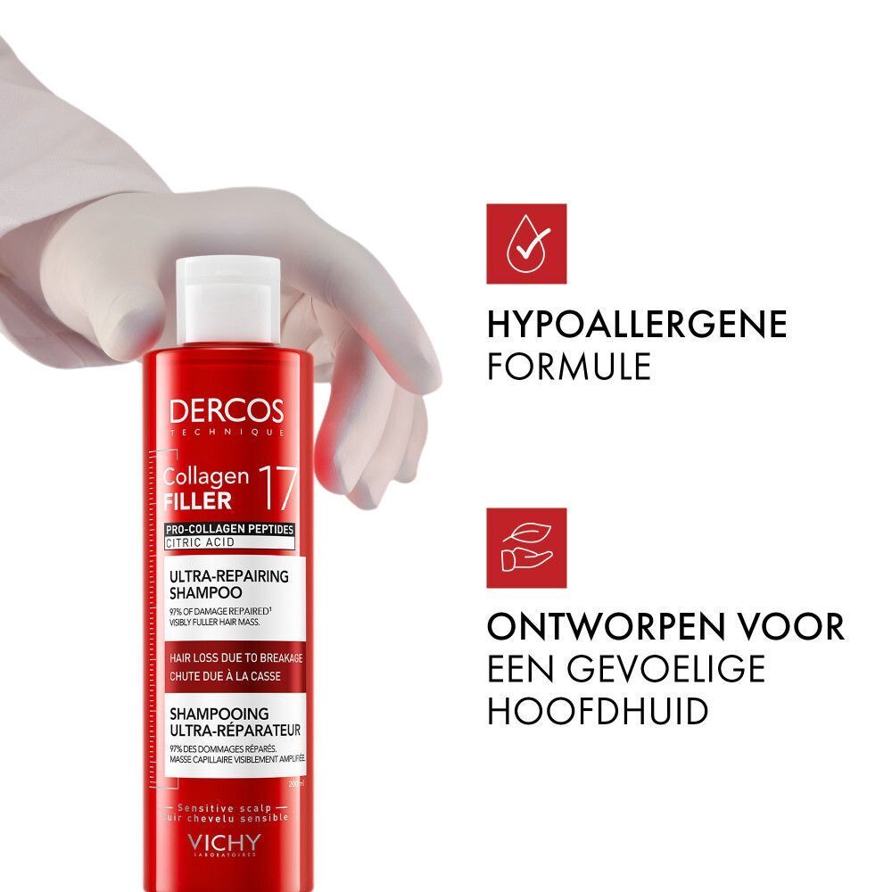 Een hand houdt een shampoo fles vast. Tekst: Dercos, Collagen 17 Filler, Ultra-Reparateur, Hypoallergene formule.
