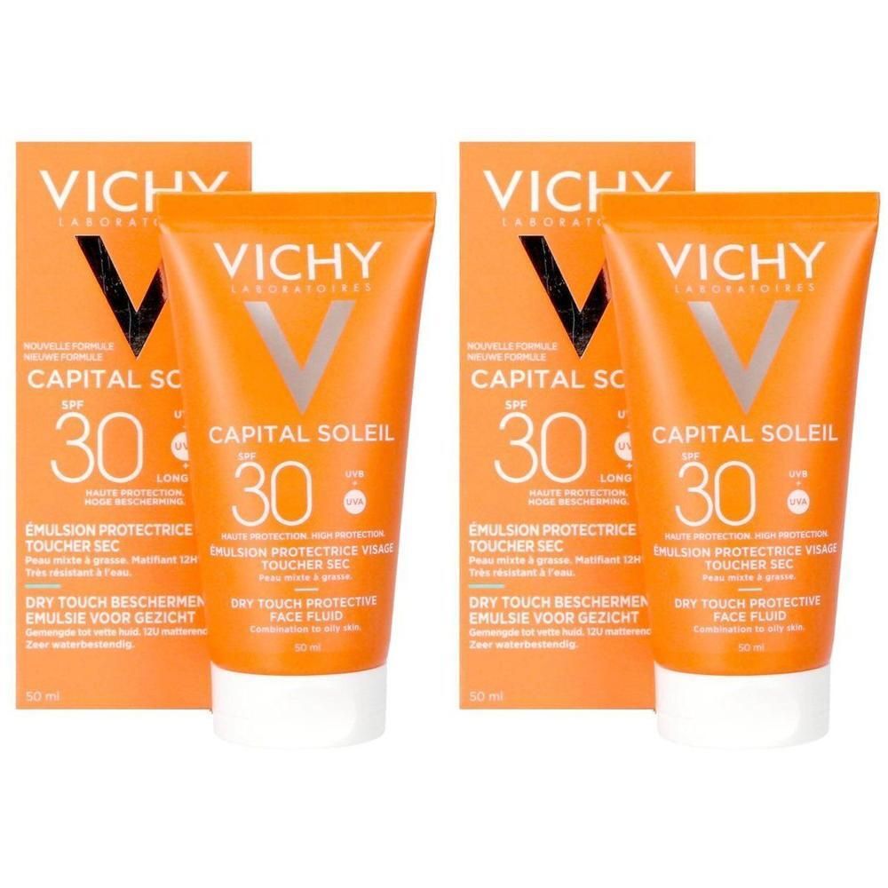 Twee tubes en twee dozen. Opschrift: Vichy, Capital Soleil SPF 30. Droge aanraking. Zonnebrandcrème voor het gezicht.