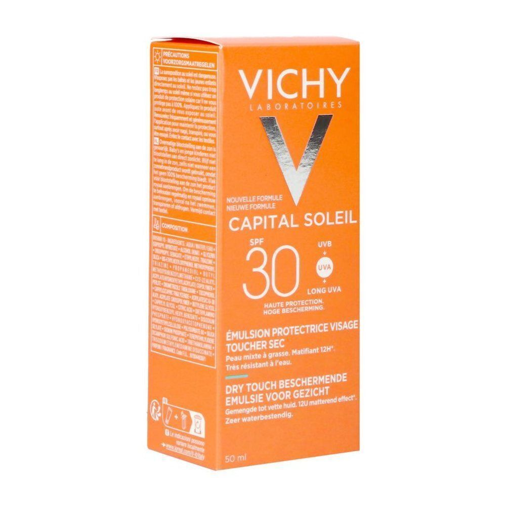 Oranje doos. Opschrift: Vichy, Capital Soleil SPF 30. Droge aanraking. Zonnebrandcrème voor het gezicht.