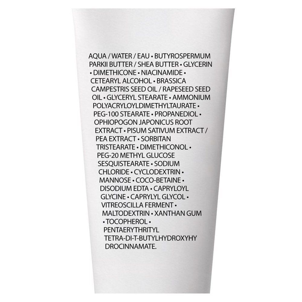 Ingrediënten van La Roche-Posay Lipikar AP+M Baume. Tekst op witte achtergrond. Bevat Aqua, Butyrospermum Parkii Butter, etc.