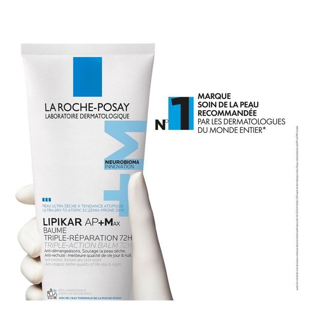 Tube La Roche-Posay Lipikar AP+M Baume. Tube blanc avec accents bleus. Texte : Marque n°1, soin de la peau.