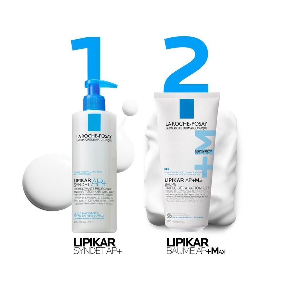 La Roche-Posay Lipikar Syndet AP+ et Baume AP+M. Deux produits côte à côte. Les deux avec des accents bleus.
