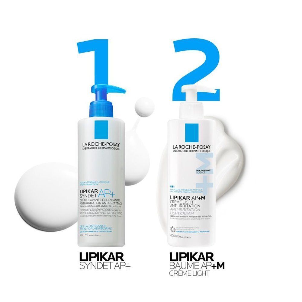 Vergelijking van La Roche-Posay Lipikar Syndet AP+ en Lipikar Baume AP+M Crème Light. Blauwe cijfers.