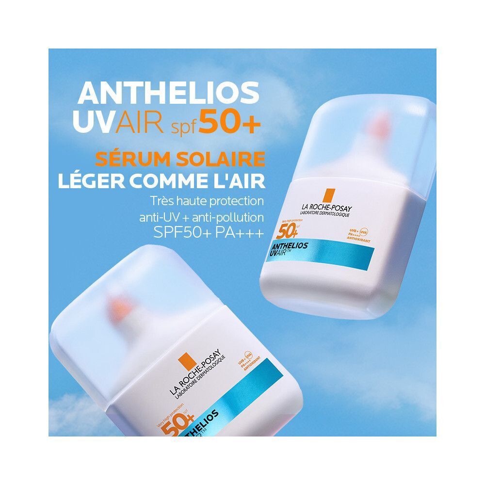 Deux flacons blancs. Inscription: Anthelios UVAIR SPF50+. Sérum solaire léger comme l'air.