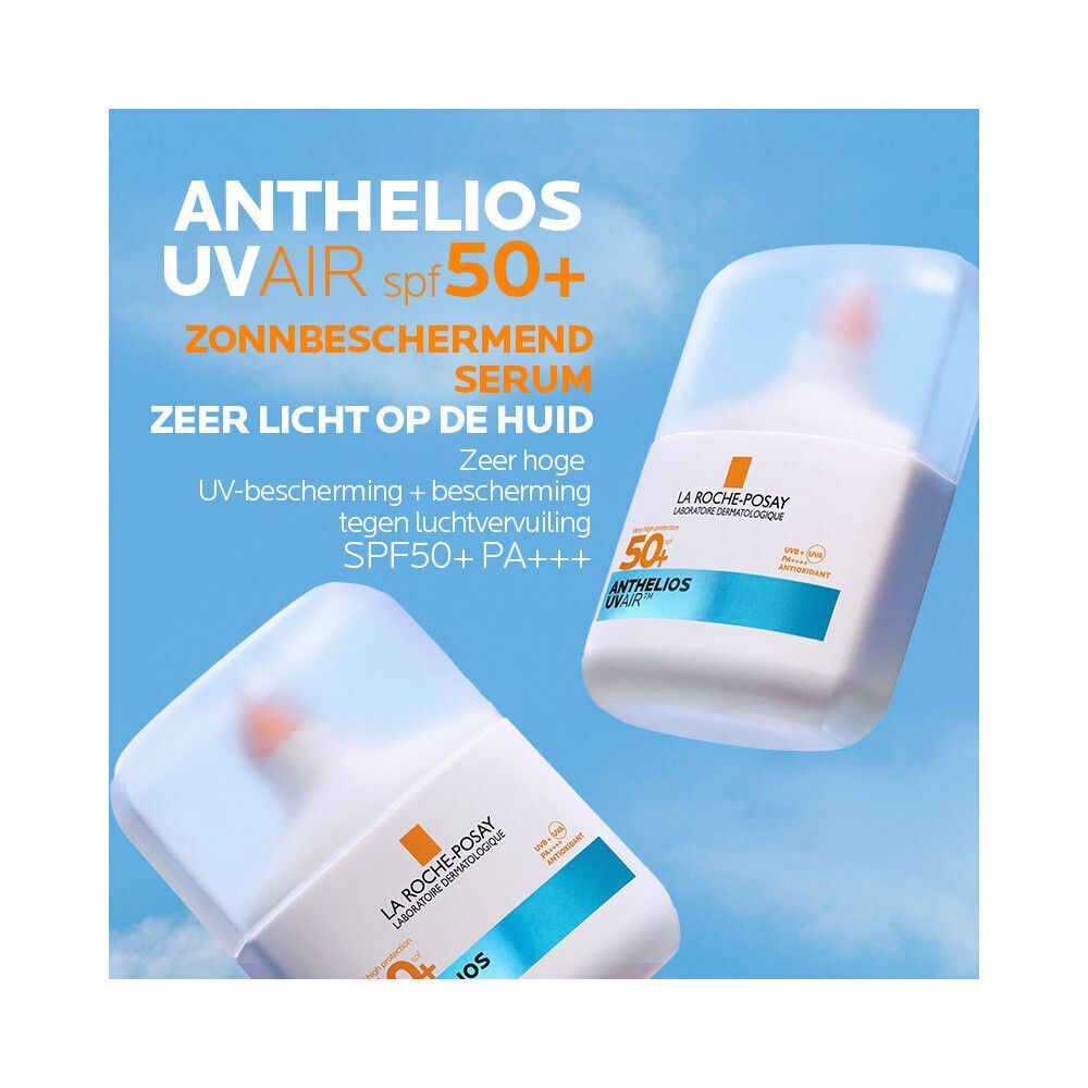 Twee witte flessen. Opschrift: Anthelios UVAIR SPF50+. Zonnebeschermend serum, zeer licht op de huid.