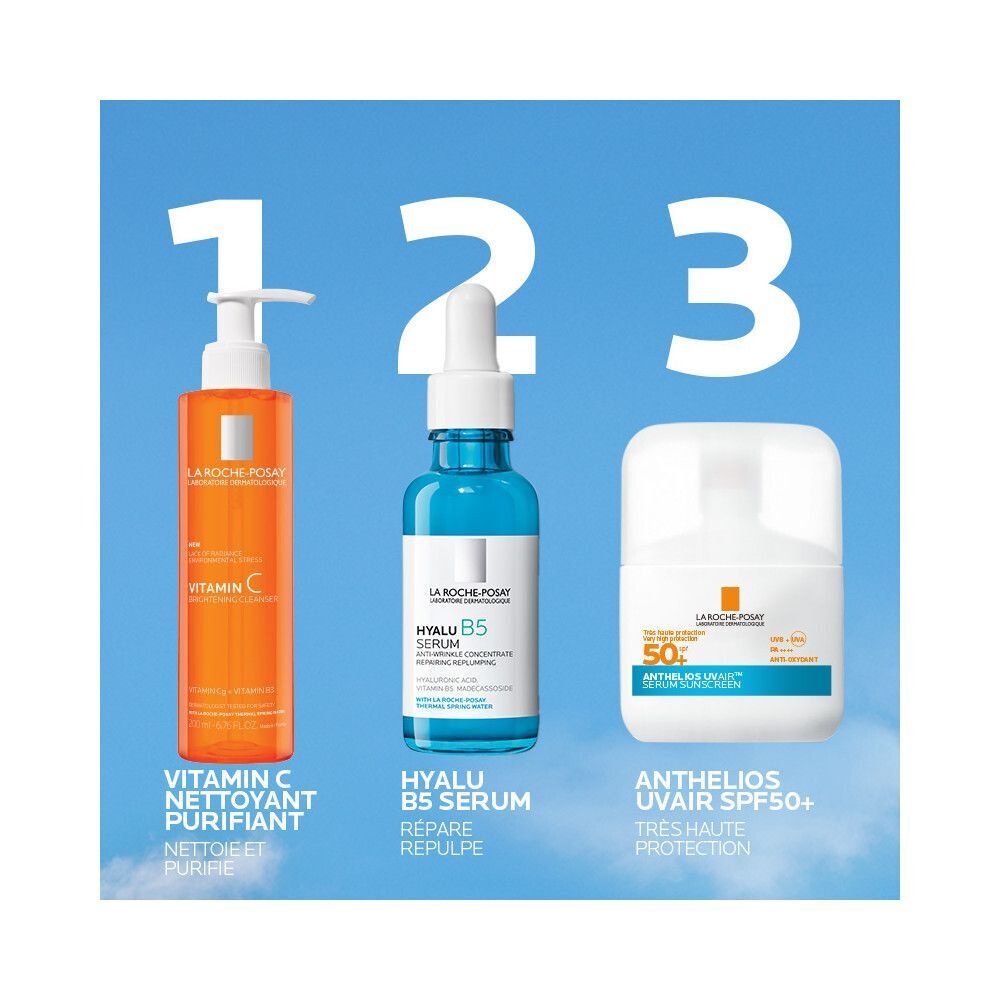 Trois produits. Vitamine C, Hyalu B5 Serum, Anthelios UVAIR SPF50+. Texte en français.