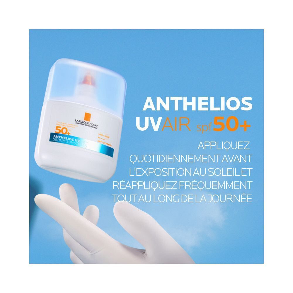 Flacon blanc. Inscription: Anthelios UVAIR SPF50+. Texte en français.