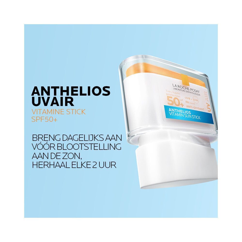 La Roche-Posay Anthelios UVair stick. Witte stick, oranje deksel, blauwe tekst.