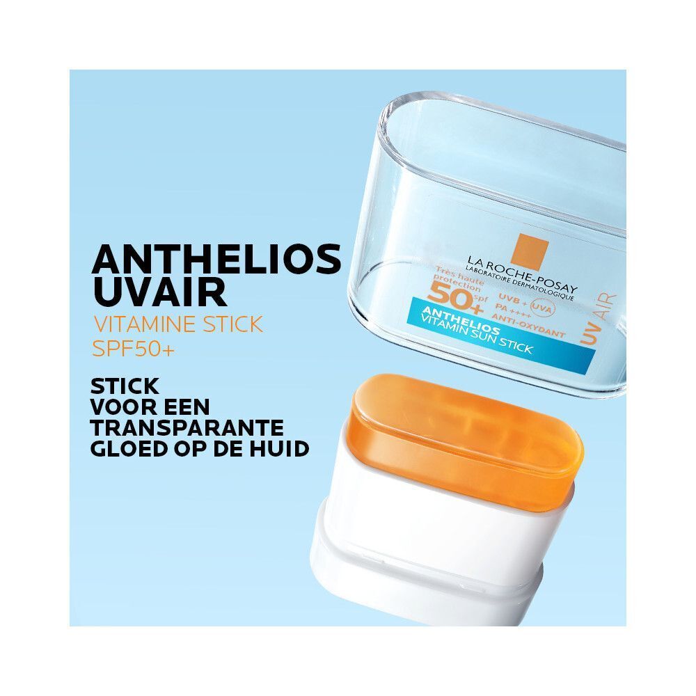 La Roche-Posay Anthelios UVair stick. Witte stick, oranje deksel, blauwe tekst.