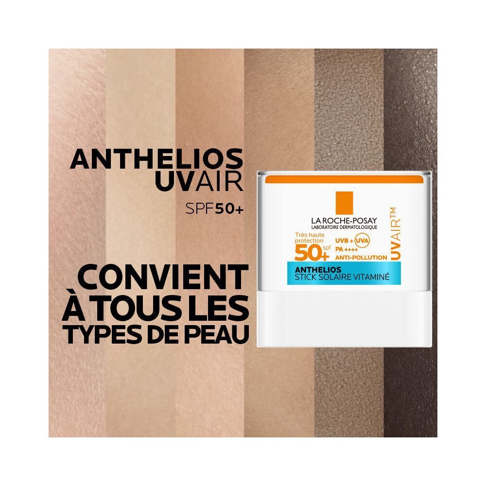 Stick La Roche-Posay Anthelios UVair. Stick blanc, couvercle orange, texte bleu.