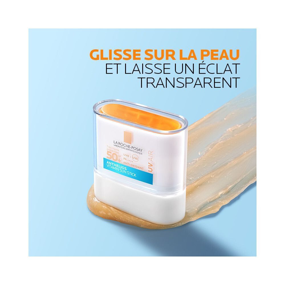 Stick La Roche-Posay Anthelios UVair. Stick blanc, couvercle orange, texte bleu.