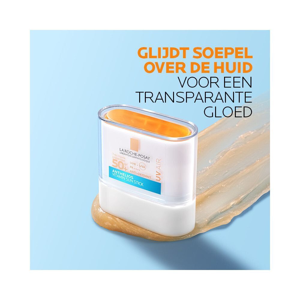 La Roche-Posay Anthelios UVair stick. Witte stick, oranje deksel, blauwe tekst.