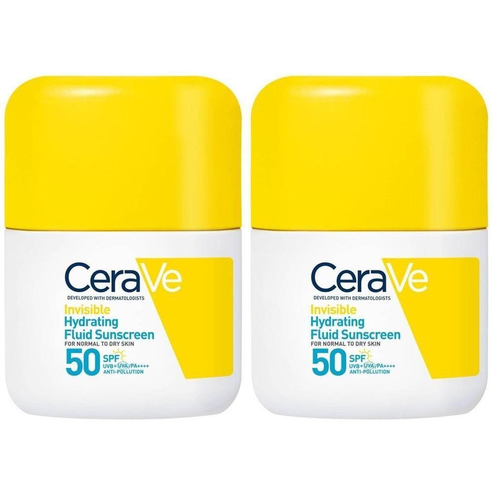 Twee flacons met gele doppen. Opschrift: CeraVe, Invisible Hydrating Fluid Sunscreen SPF50.