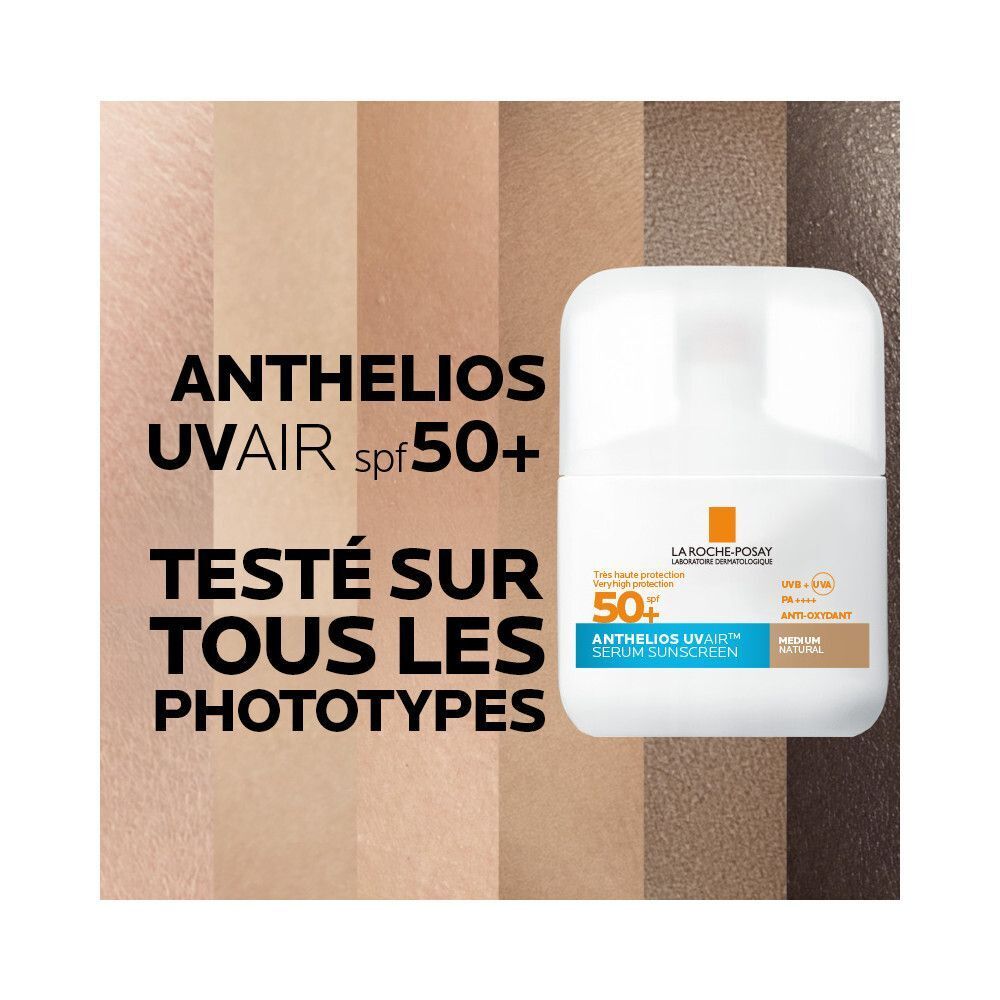 La Roche-Posay Anthelios UVAIR SPF50+ Sérum Solaire. Comparaison de couleurs. Différents tons de peau.