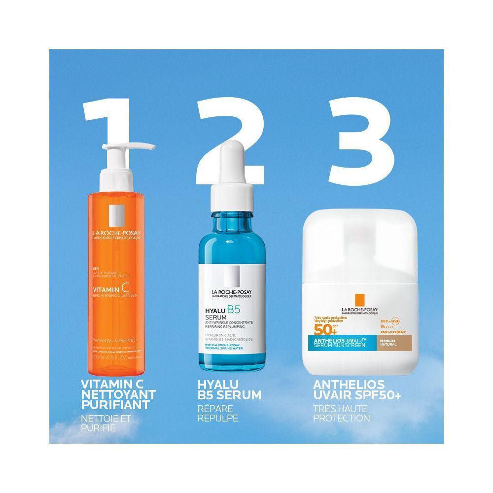 Trois produits : Nettoyant Vitamine C, Sérum Hyalu B5, La Roche-Posay Anthelios UVAIR SPF50+ Sérum Solaire.