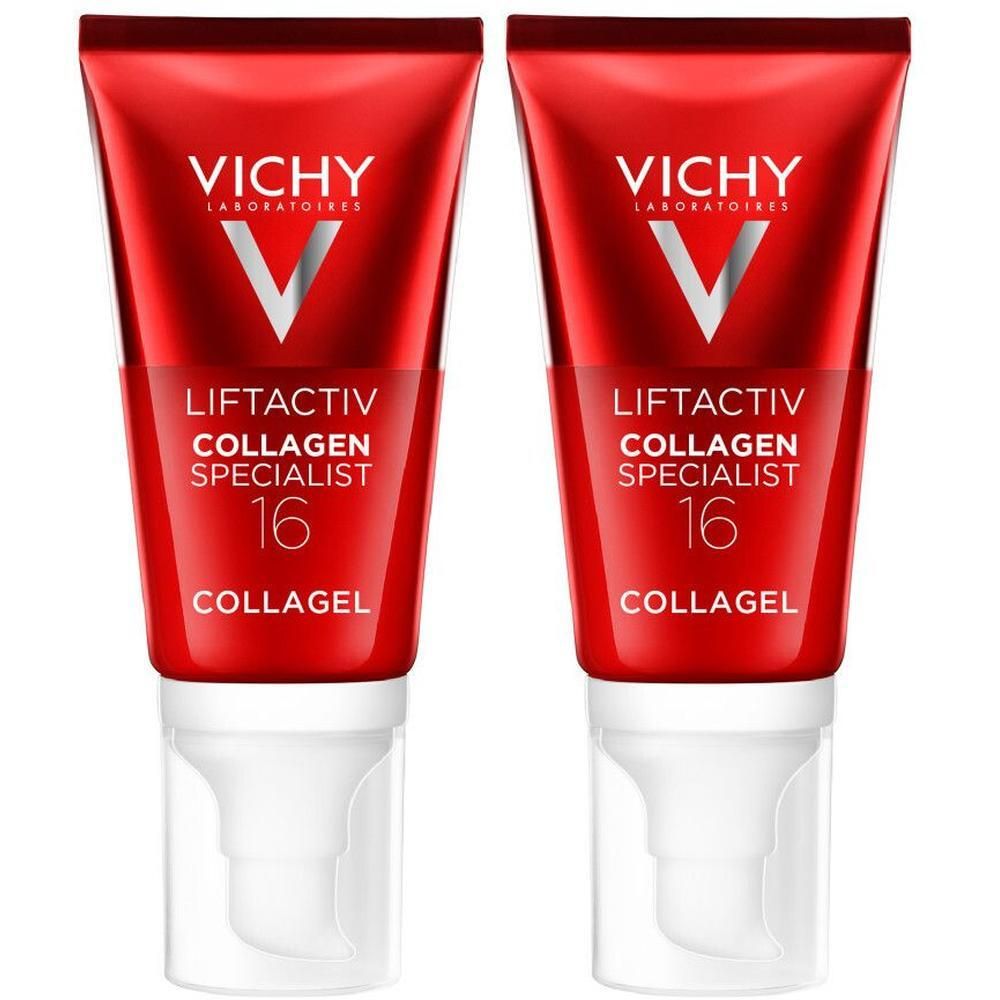Twee rode tubes met witte pomp. Opschrift: Vichy, Liftactiv Collagen Specialist 16 Collagel.