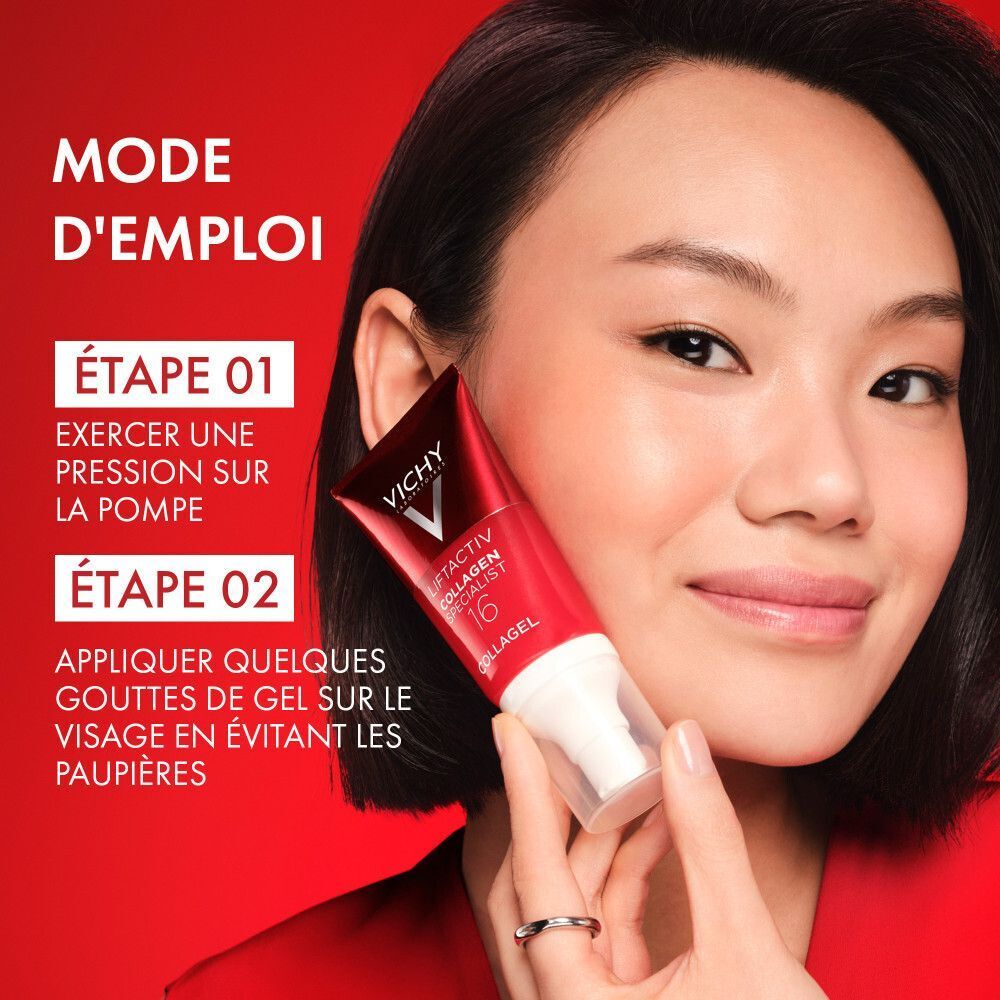 Femme avec produit. Texte: Étape 01, Exercer une pression sur la pompe. Étape 02, Appliquer quelques gouttes de gel.