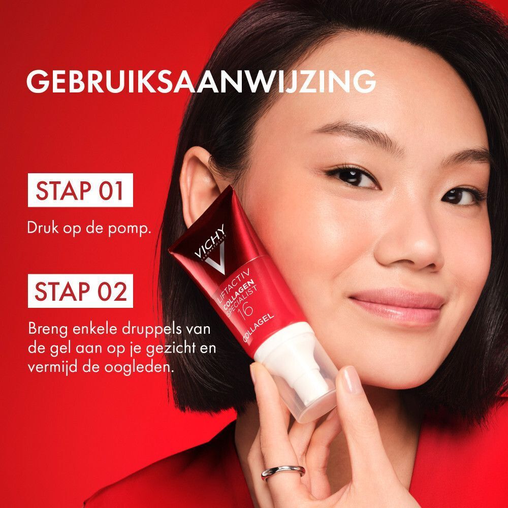 Vrouw met product. Tekst: Stap 01, Druk op de pomp. Stap 02, Breng enkele druppels gel aan.