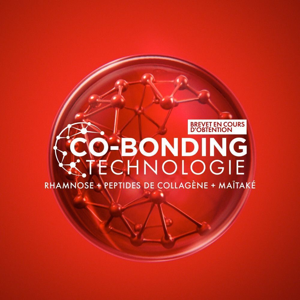 Fond rouge avec objet rond. Texte: Co-Bonding Technologie. Texte: Rhamnose + Peptides de collagène + Maïtake.
