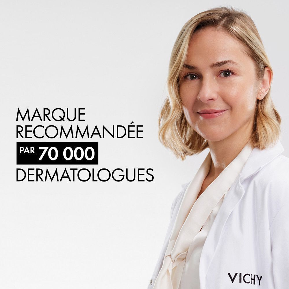 Femme en blouse blanche. Texte: Marque recommandée par 70 000 dermatologues. Logo Vichy.