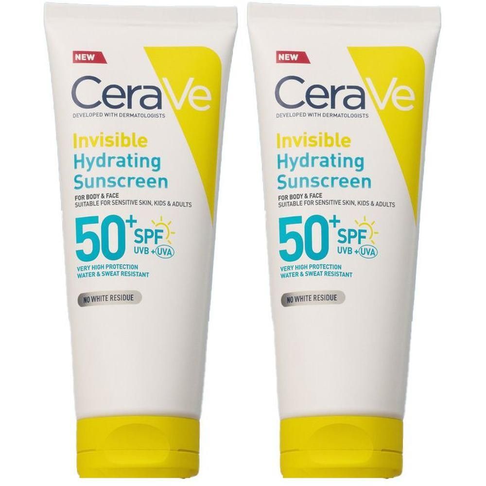 Twee tubes Cerave Sun Crème Solaire Hydratante Invisible SPF50. Witte tubes met gele accenten en blauwe tekst. SPF 50.