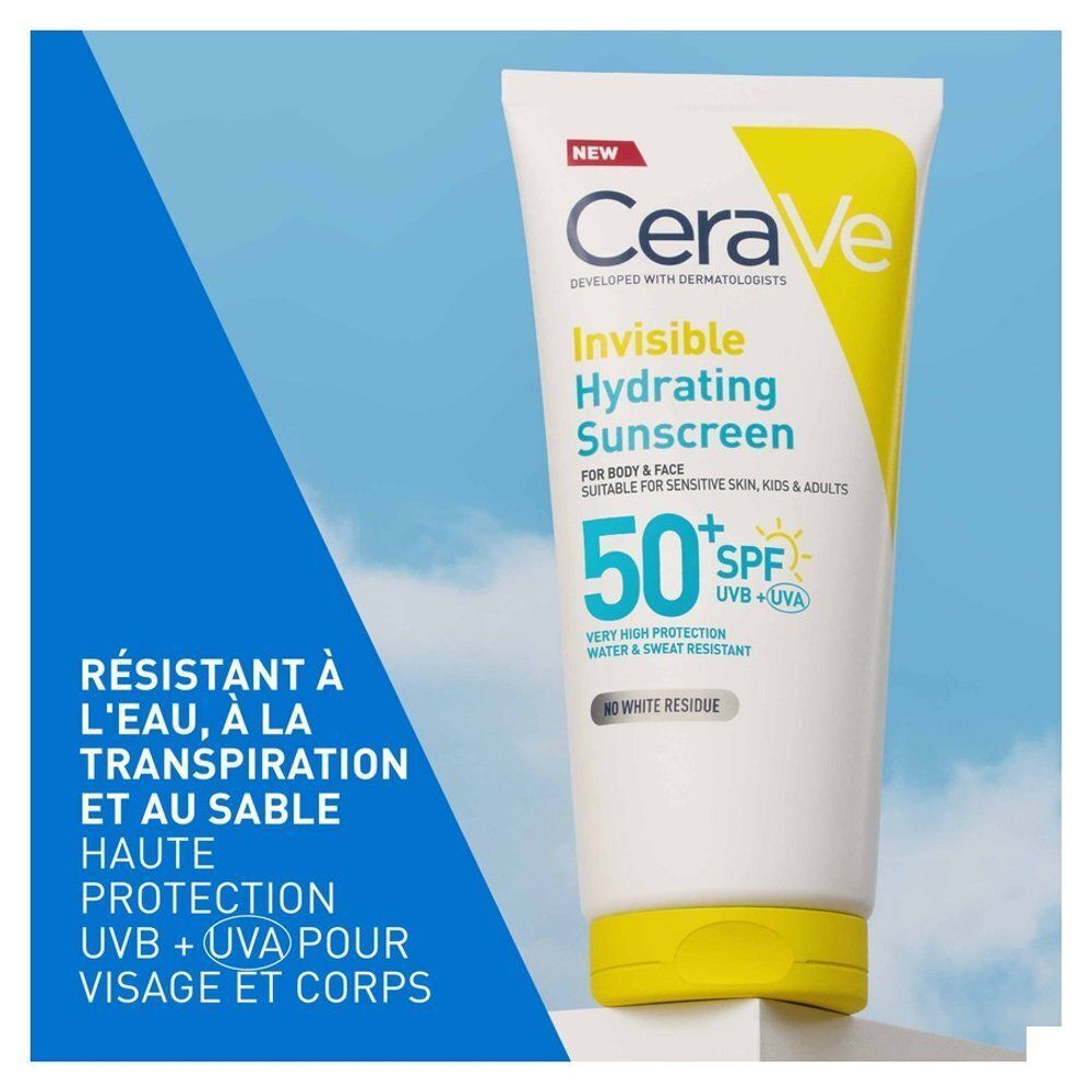 Tube de Cerave Sun Crème Solaire Hydratante Invisible SPF50. Blanc, jaune et bleu. Texte: Résistant à l'eau et à la transpiration. SPF 50.
