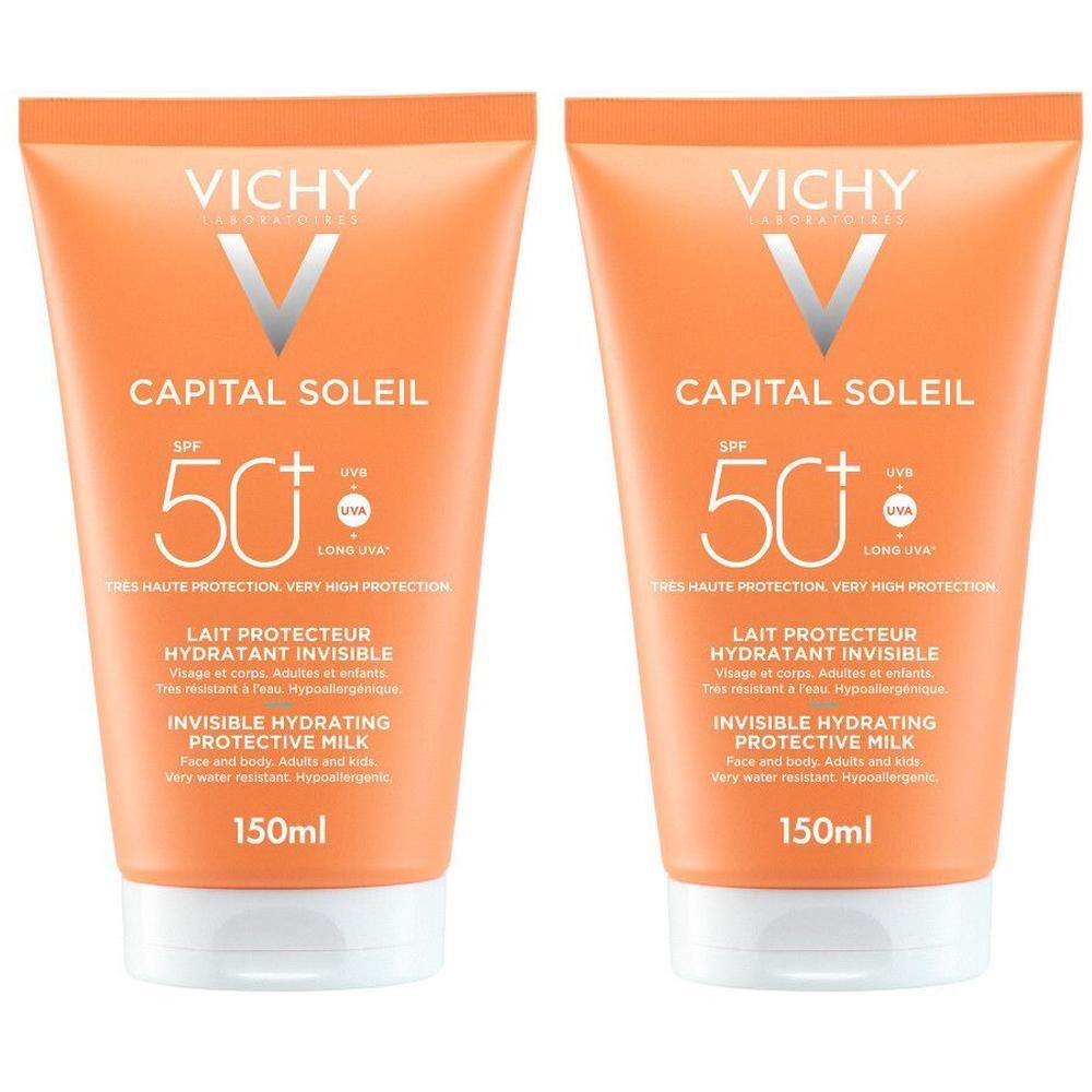 Deux tubes de lait solaire orange avec bouchon blanc. Inscription: Vichy Capital Soleil SPF50+. Protection 50+.