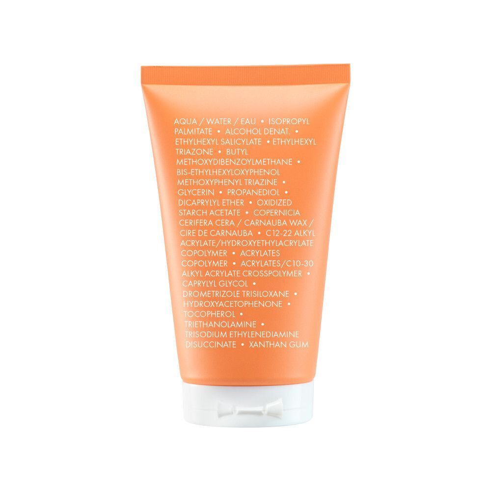 Dos d'un tube de crème solaire. Liste des ingrédients en anglais.