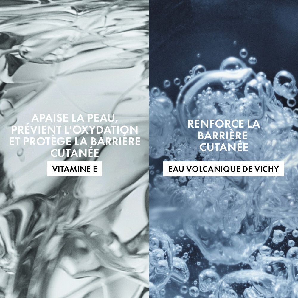 Deux images. Gauche: Vitamine E. Droite: Eau volcanique de Vichy. Texte: Apaise la peau, protège la barrière cutanée.