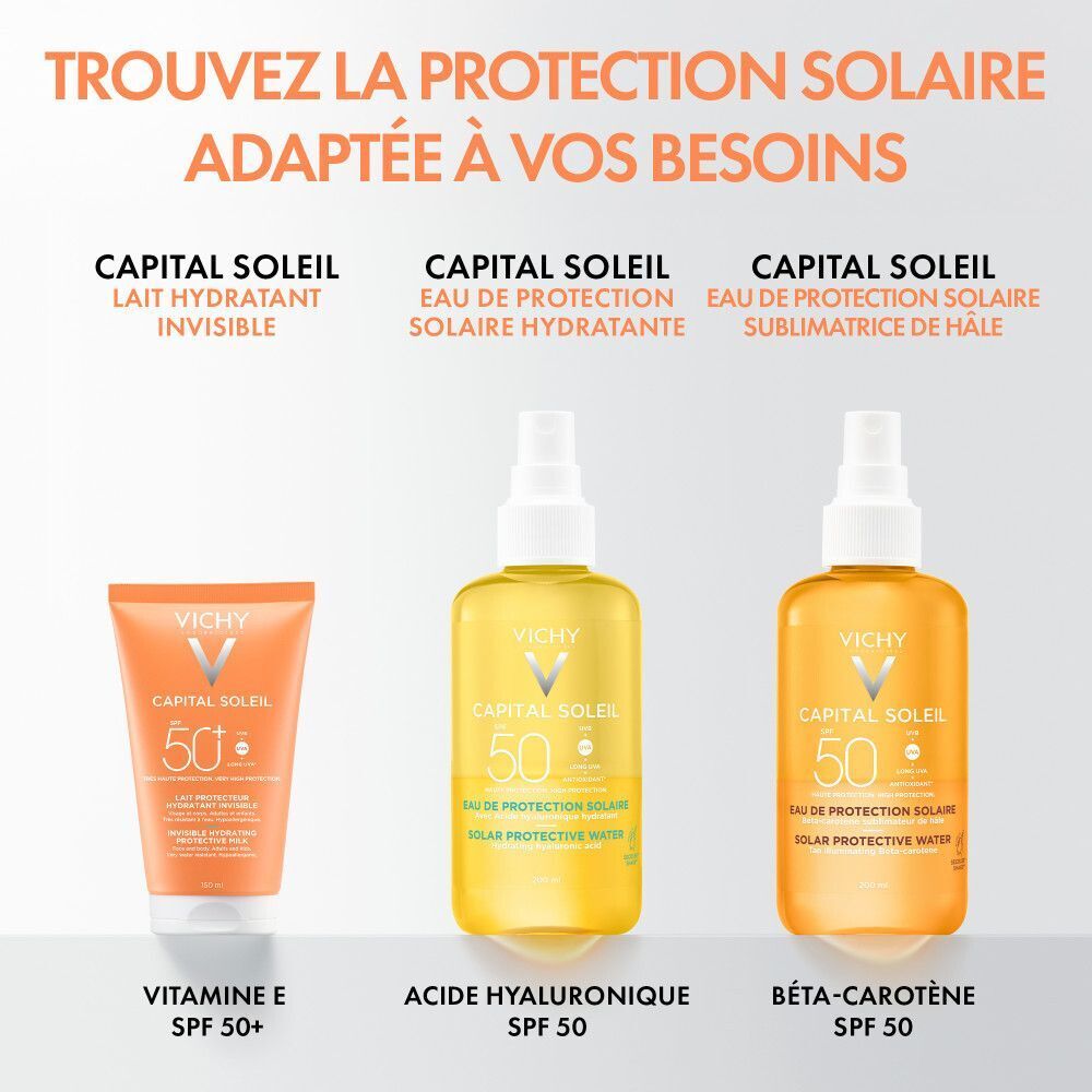 Trois écrans solaires. Gauche: Vichy Capital Soleil Lait Hydratant Invisible. Milieu: Eau de Protection Solaire. Droite: Eau de Protection Solaire.