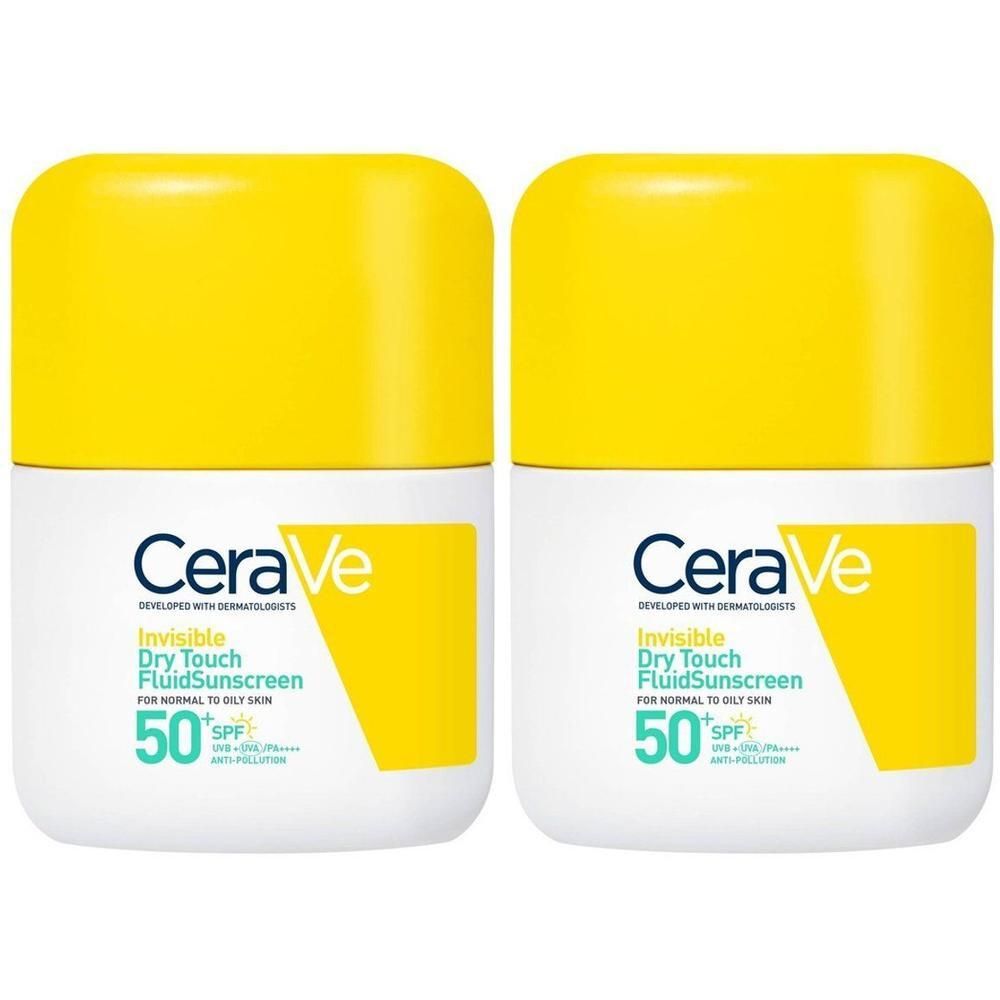 Twee witte flacons met gele dop. Opschrift: CeraVe, Invisible Dry Touch Fluid Sunscreen SPF50.