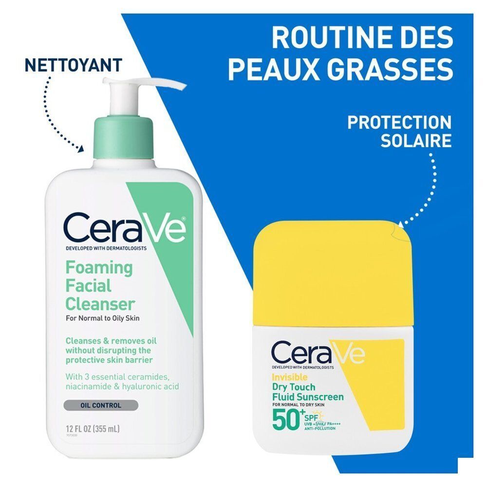 Reinigingsmiddel en zonnecrème. Opschrift: CeraVe Foaming Facial Cleanser en CeraVe Invisible Dry Touch Fluid Sunscreen SPF50.
