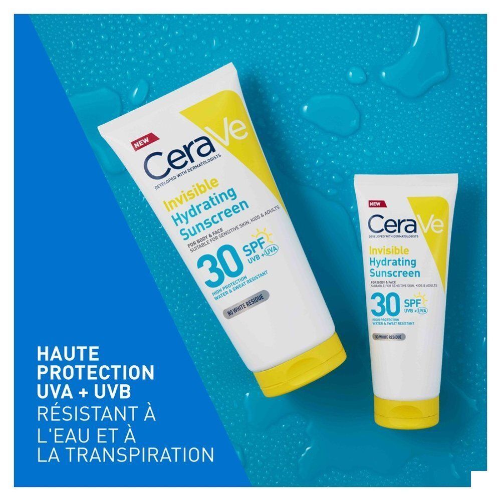 Twee tubes CeraVe Invisible Hydrating Sunscreen SPF30. Wit, geel en blauw ontwerp. Tekst: Hoge bescherming, waterbestendig.