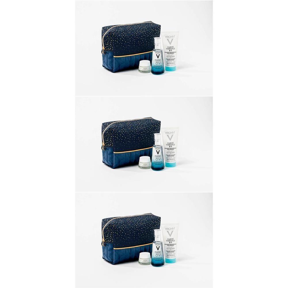 Make-up tas met producten. Bevat flacons, potjes en tubes. Opschrift: Vichy Mineral 89.