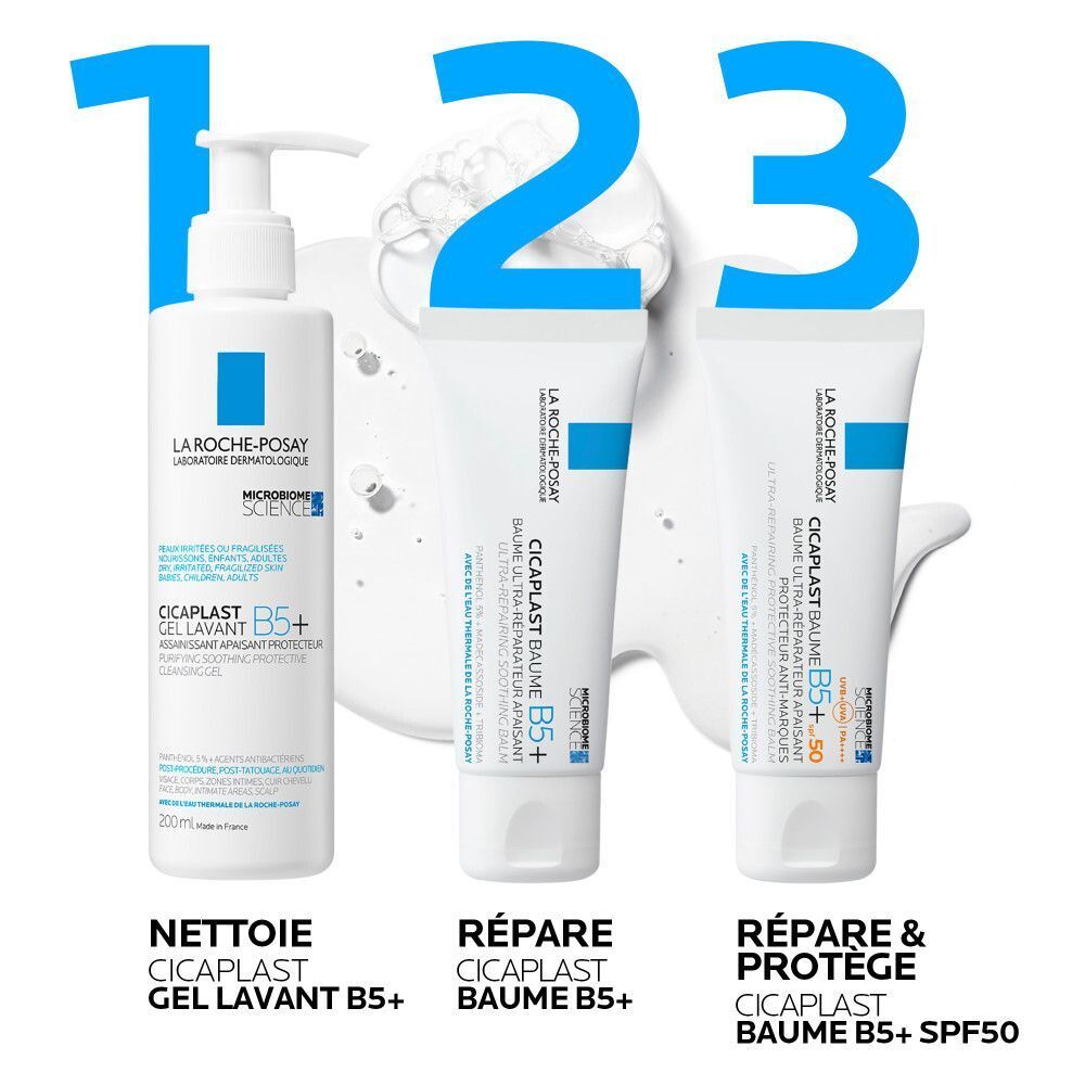 Trois produits: Cicaplast Gel Lavant B5+, Cicaplast Baume B5+, Cicaplast Baume B5+ SPF50. Numéros 1, 2, 3.