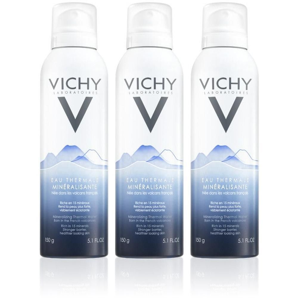 Drie witte sprays met blauw etiket. Opschrift: VICHY, EAU THERMALE MINERALISANTE. 150g, 5.1 FLO.