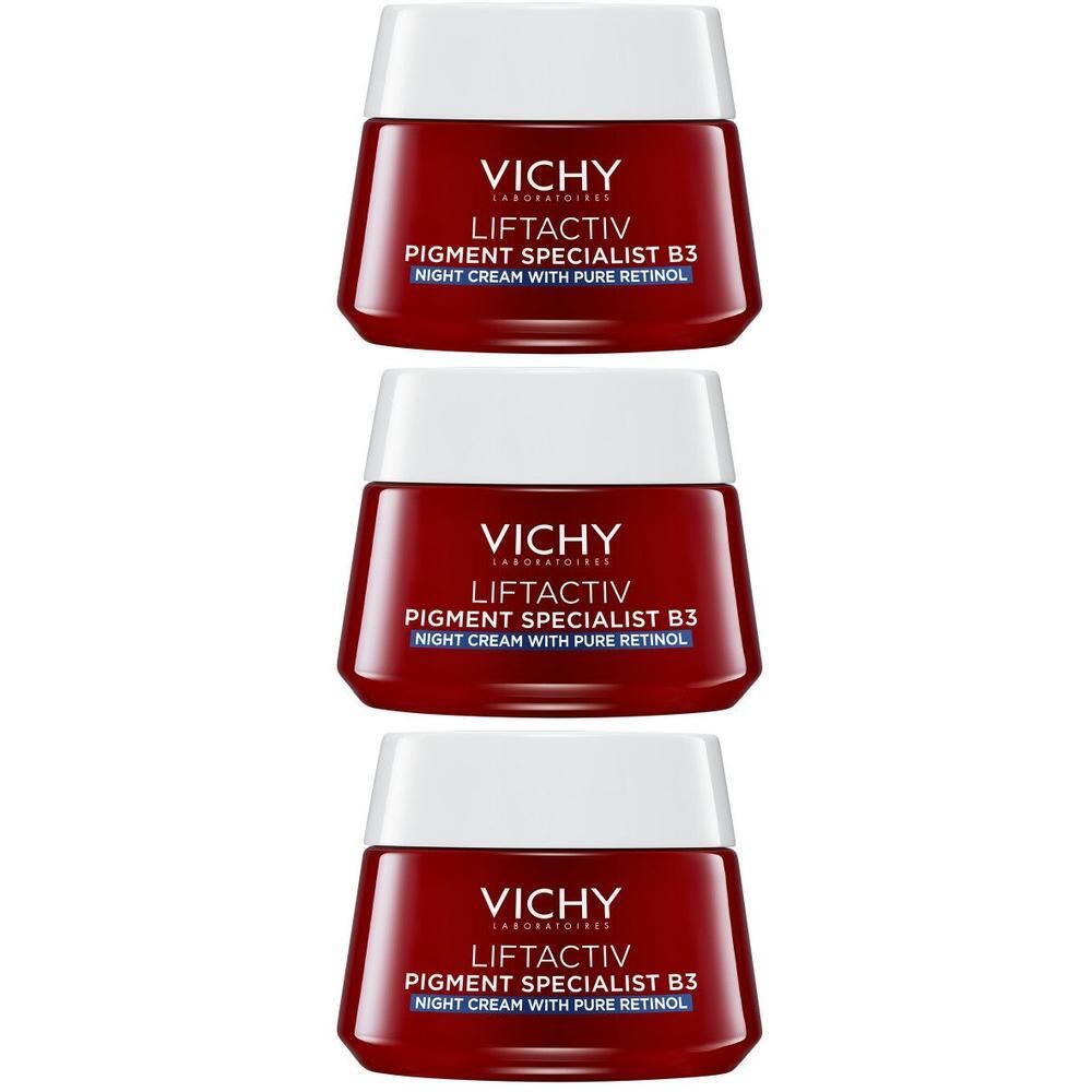 Trois pots de crème de nuit. Pot rouge avec couvercle blanc. Inscription : Vichy Liftactiv Pigment Specialist B3.