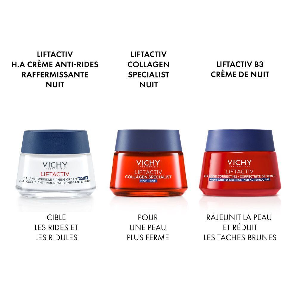Trois pots. Gauche : H.A Crème Anti-Rides. Milieu : Collagen Specialist. Droite : B3 Crème de Nuit. Tous avec le logo Vichy.
