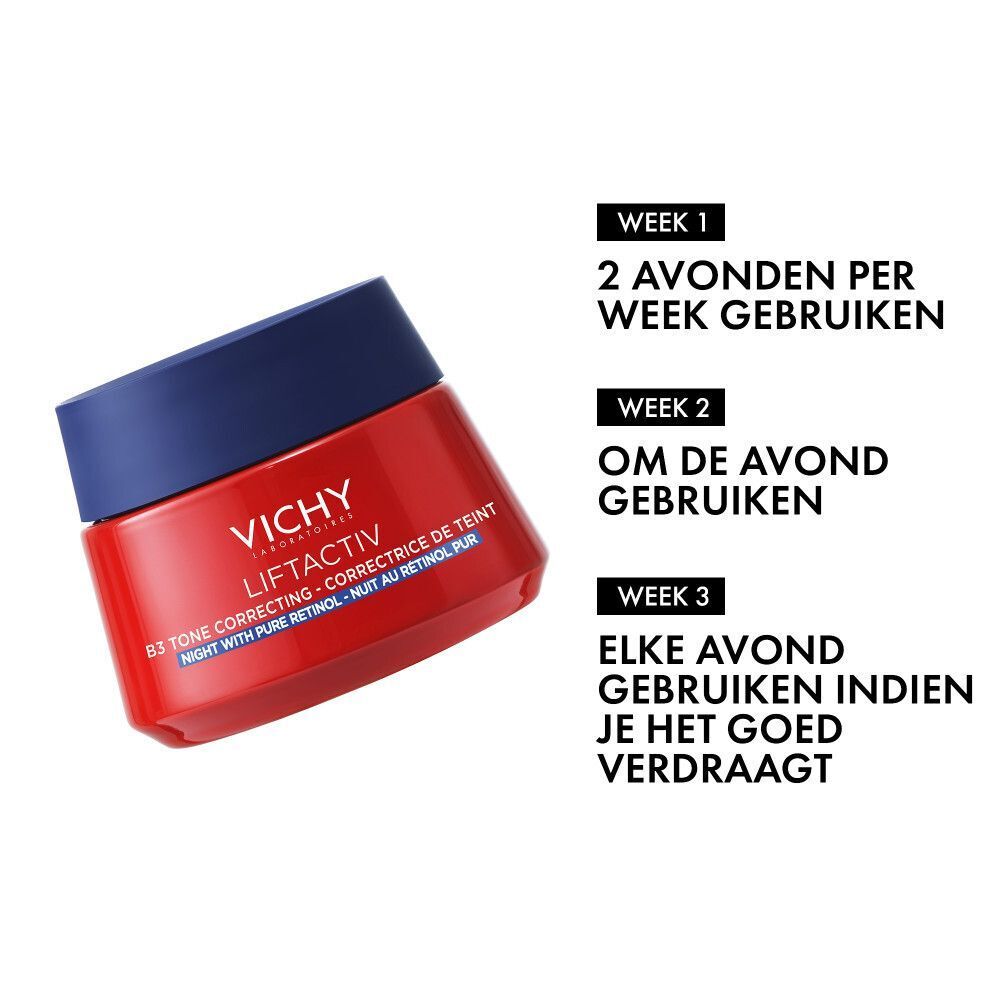 Drie potten. Links: H.A Anti-Rimpel. Midden: Collagen Specialist. Rechts: B3 Nachtcrème. Alle met Vichy-logo.