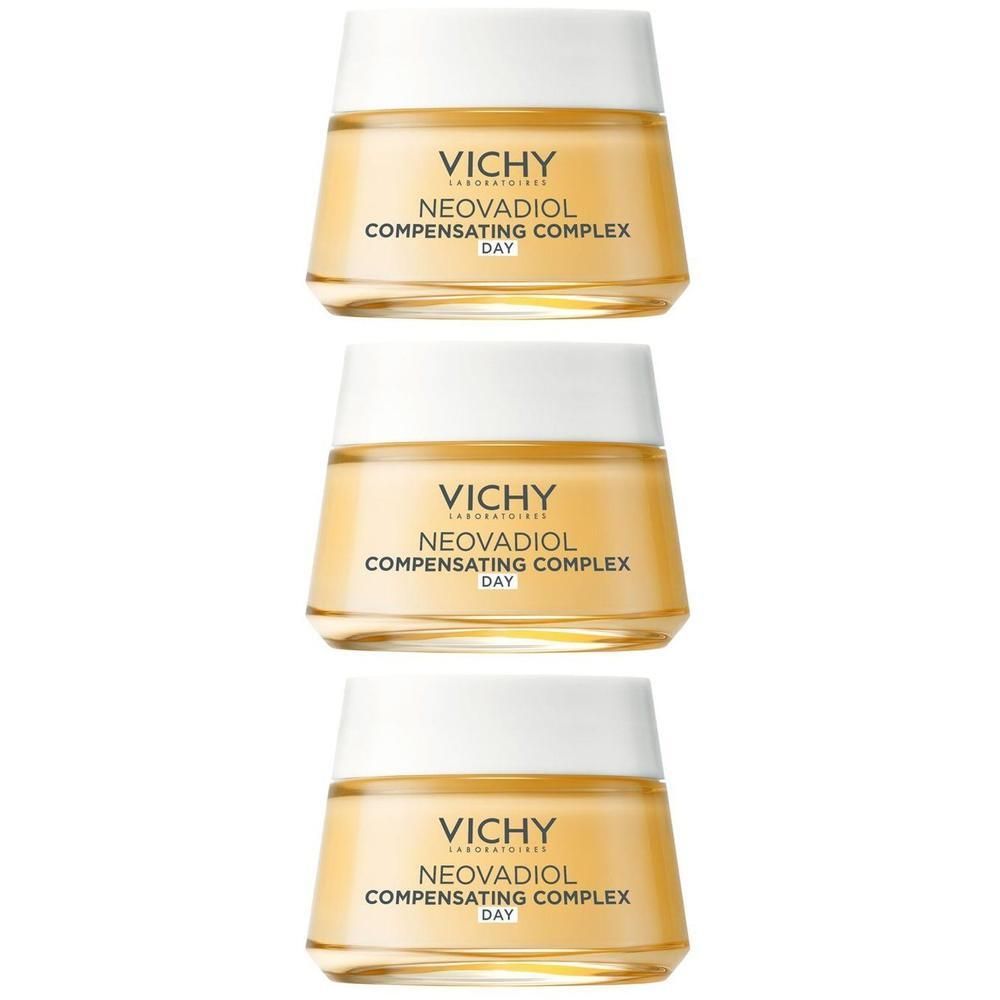 Drie potjes Vichy Neovadiol crème. Gele potjes met witte deksels. Opschrift: Neovadiol Compensating Complex Day.