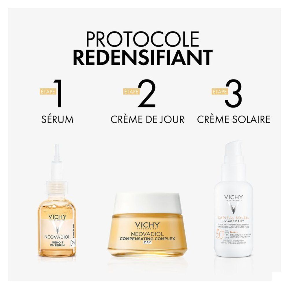 Trois produits : sérum, crème de jour, crème solaire. Crème Vichy Neovadiol. Texte : Protocole Redensifiant.