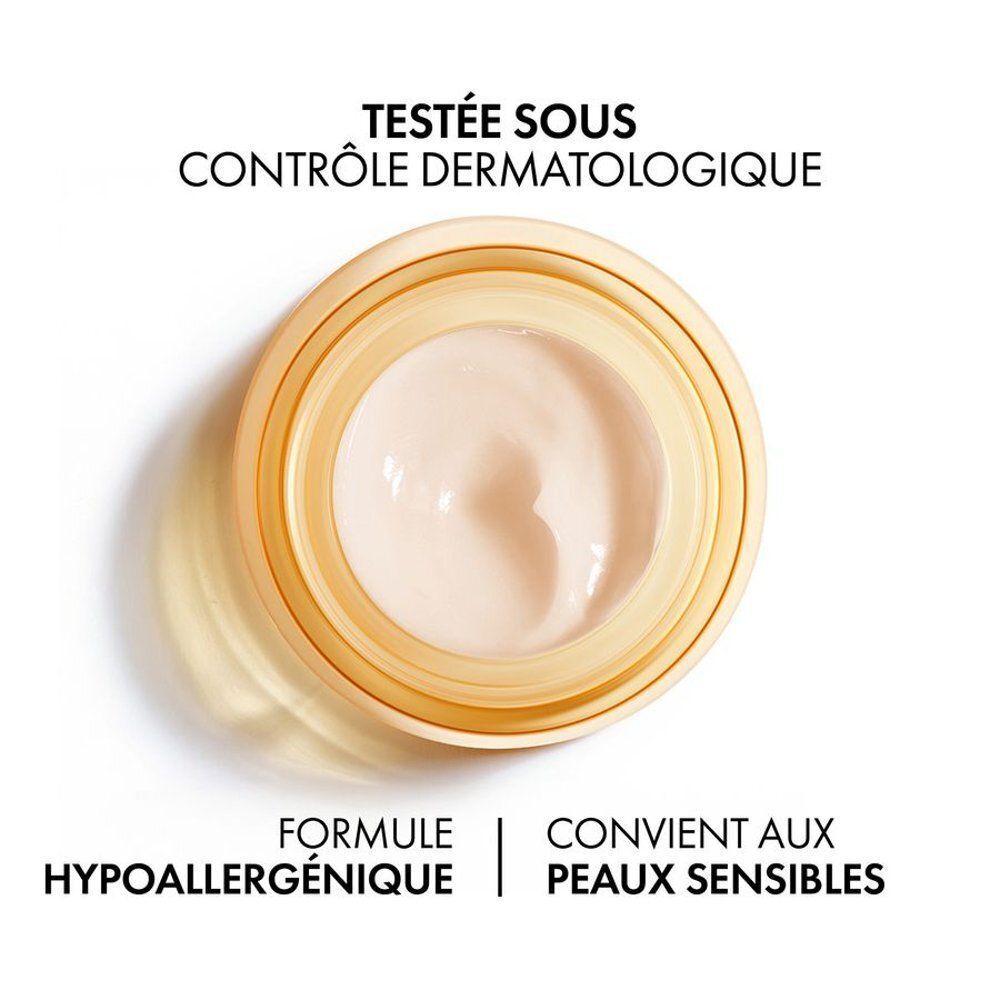 Pot de crème Vichy. Texte : Formule hypoallergénique, Convient aux peaux sensibles. Inscription : Neovadiol.