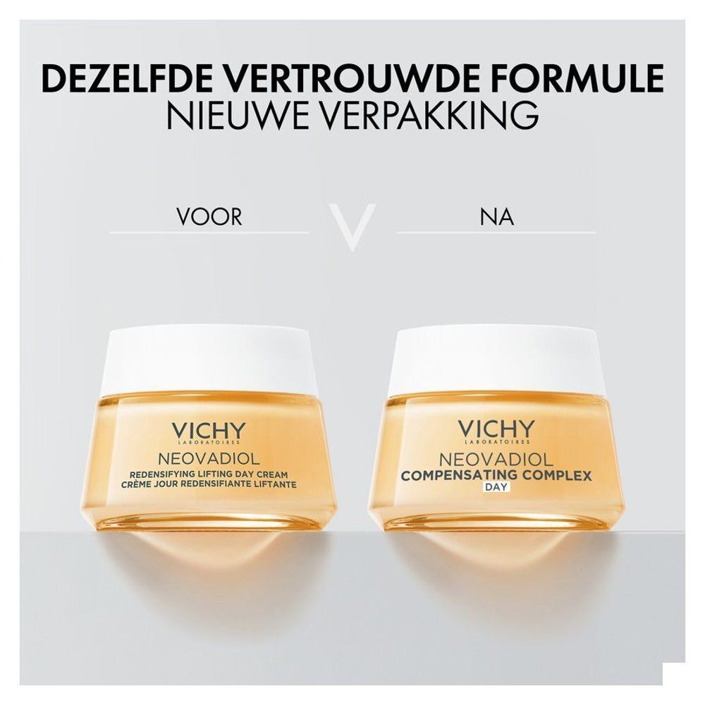 Voor-na vergelijking. Twee potjes Vichy crème. Opschrift: Neovadiol Redensifying Lifting Day Cream, Compensating Complex Day.