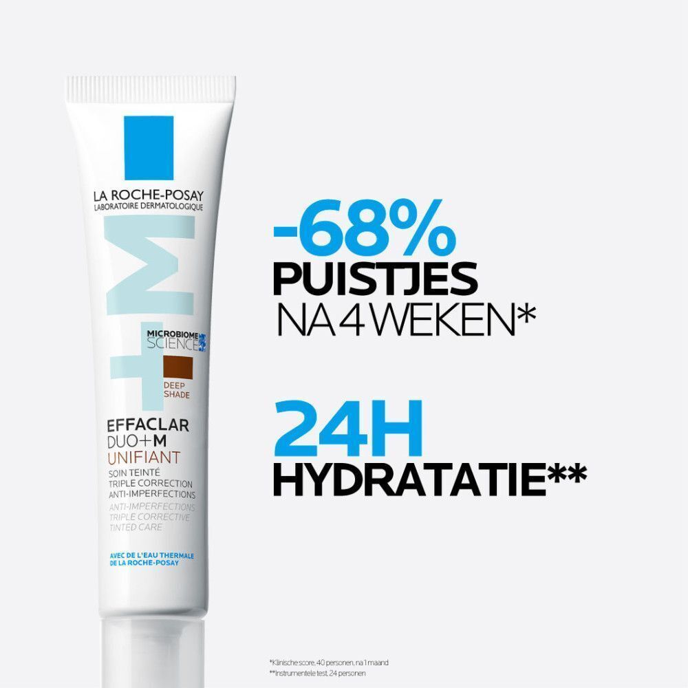 La Roche-Posay Effaclar Duo+M, Deep Shade. Tekst: -68% puistjes na 4 weken, 24H hydratatie. Witte achtergrond.