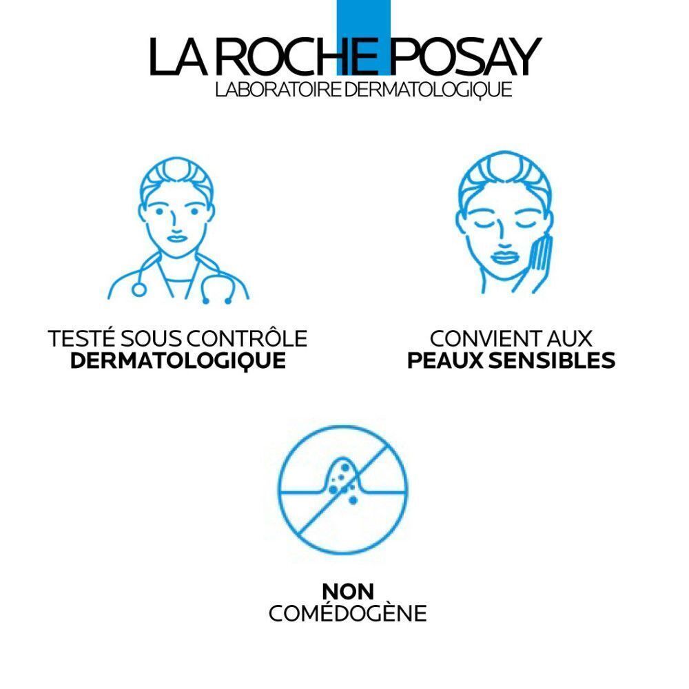 Logo La Roche-Posay et icônes : testé dermatologiquement, convient aux peaux sensibles, non comédogène.